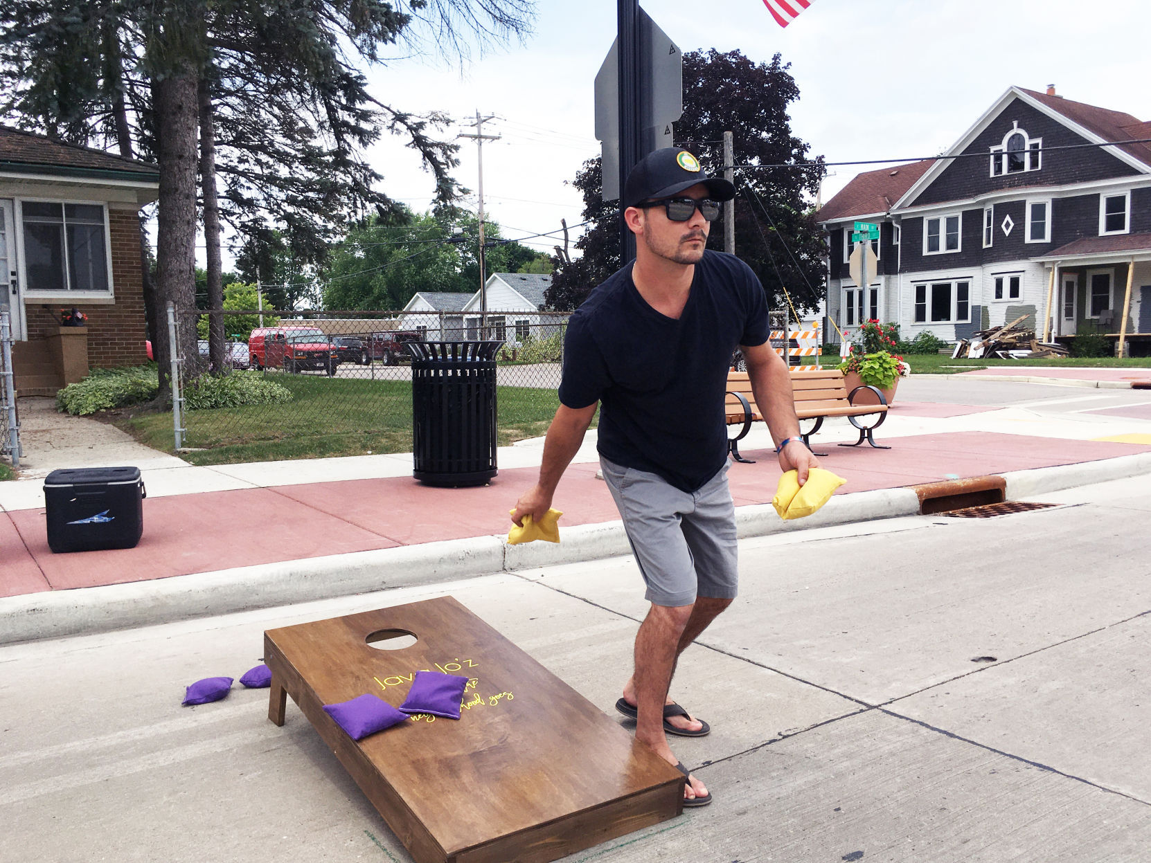 Thayne Krause of Waterford tosses bag during bag game at Celebrate Waterford